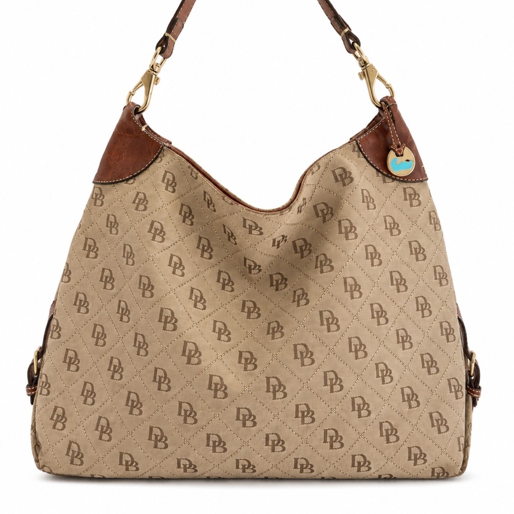 Dooney & Bourke Signature Canvas Hobo Shoulder Bag Beige Brown Pink Lining